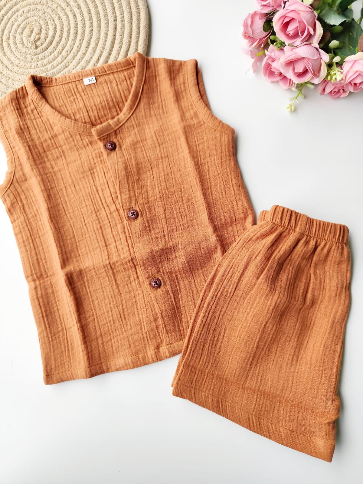 Muslin Sleeveless Co Ord Set - Rust Brown