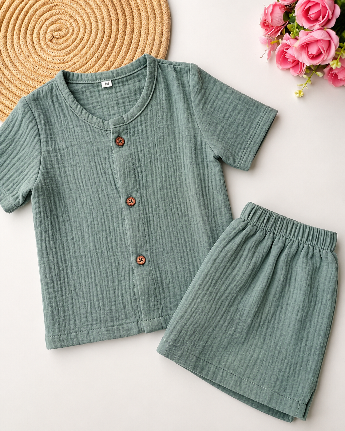 Muslin Half Sleeve Co Ord Set - Ash Green