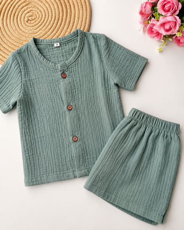 Muslin Half Sleeve Co Ord Set - Ash Green