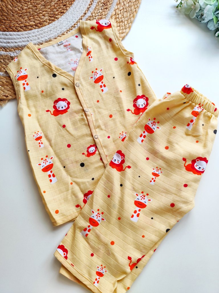 Sleeveless Co Ord Set - Yellow Safari Animals Print