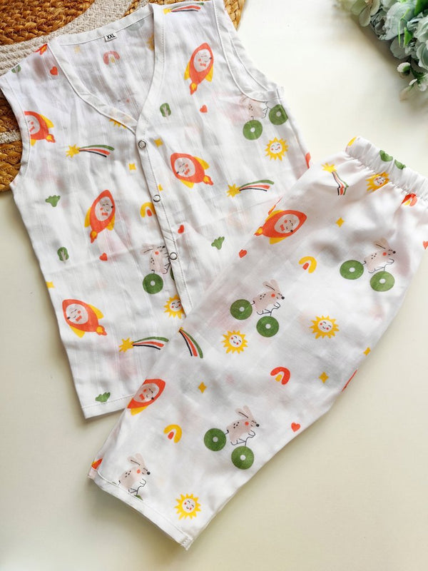 Sleeveless Co Ord Set - White Rocket Bunny Print