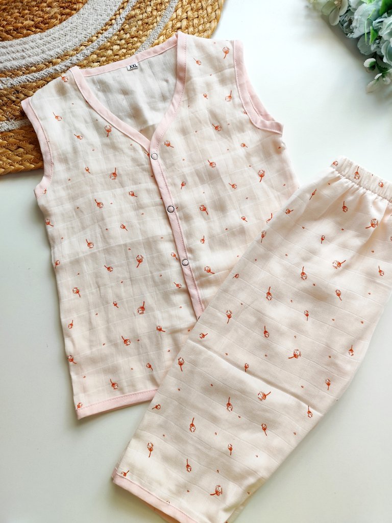 Sleeveless Co Ord Set - Light Peach Dandelion Print