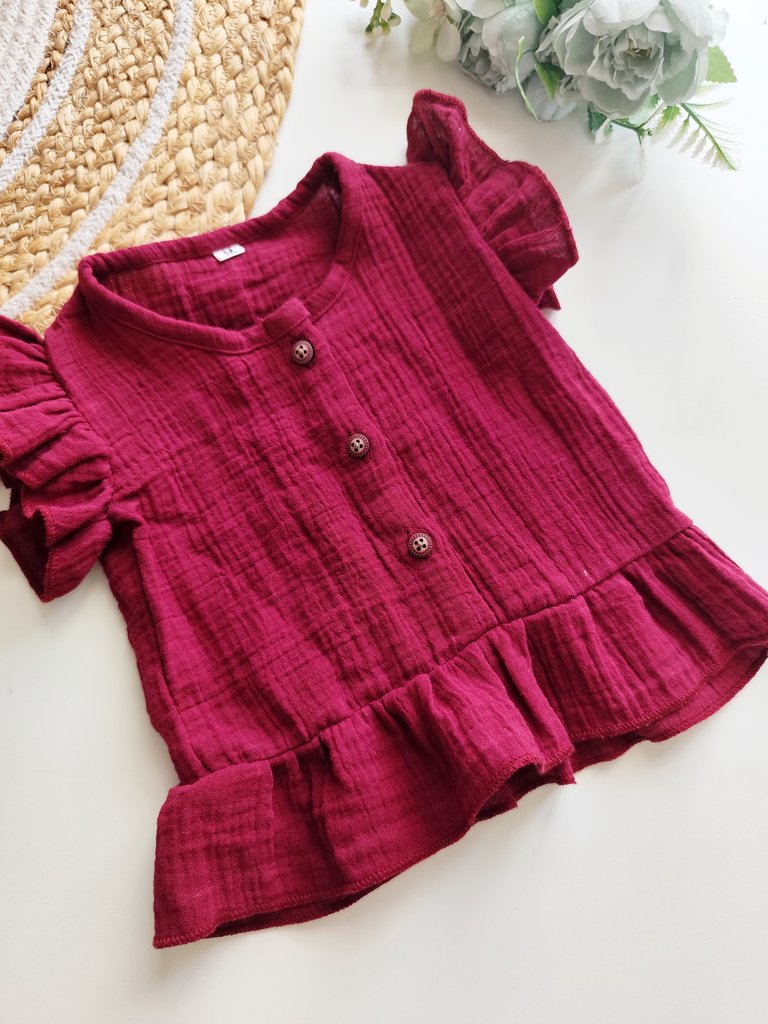 Frill Muslin Peplum Top - Maroon