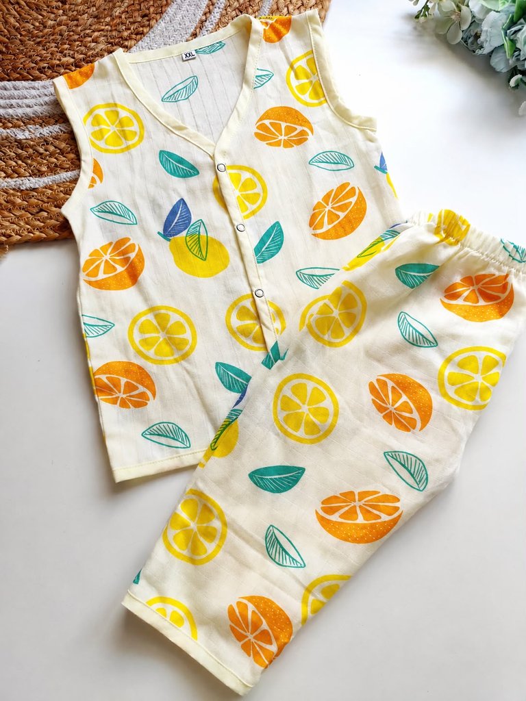 Sleeveless Co Ord Set - Lemon Orange Print