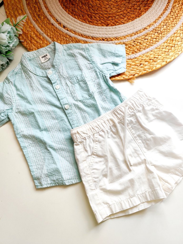 Max Brand Mandarin Collar sets - Mint Green Stripes