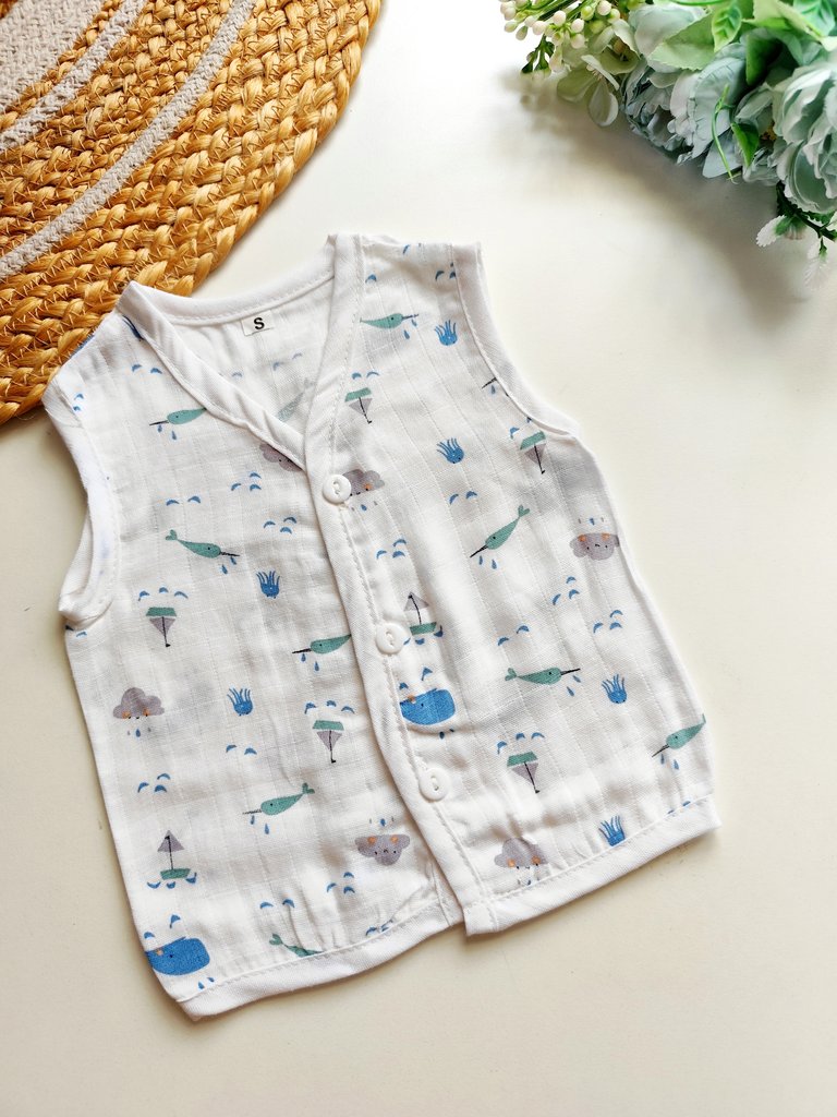 Muslin Jablas (Affordable Range) - White with Ocean Print