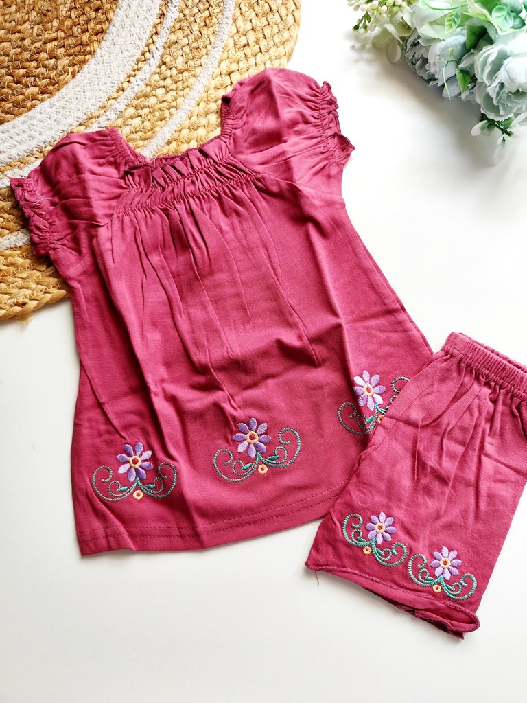 Tops and Bottom Sets- Berry Red Embroidered Floral