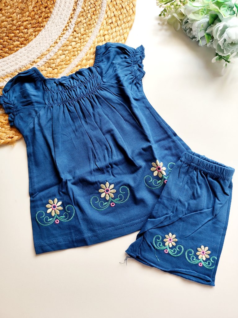 Tops and Bottom Sets- Petrol Blue Embroidered Floral