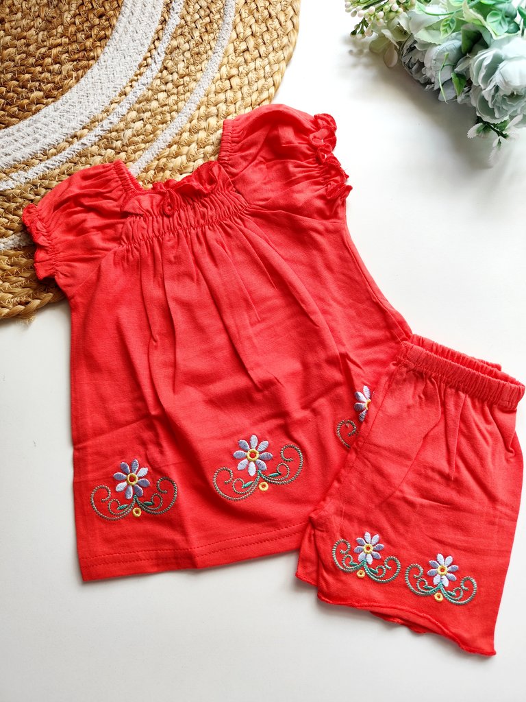 Tops and Bottom Sets- Coral with Floral Embroidery