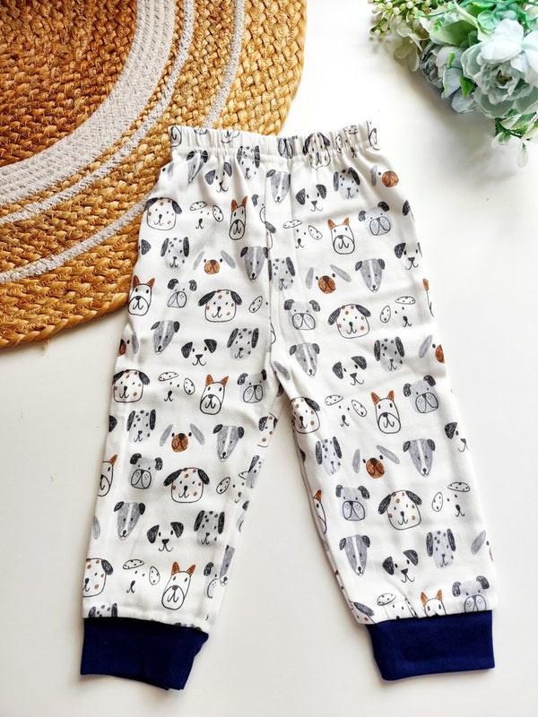Hosiery Cotton Pant- White Dog Faces Print