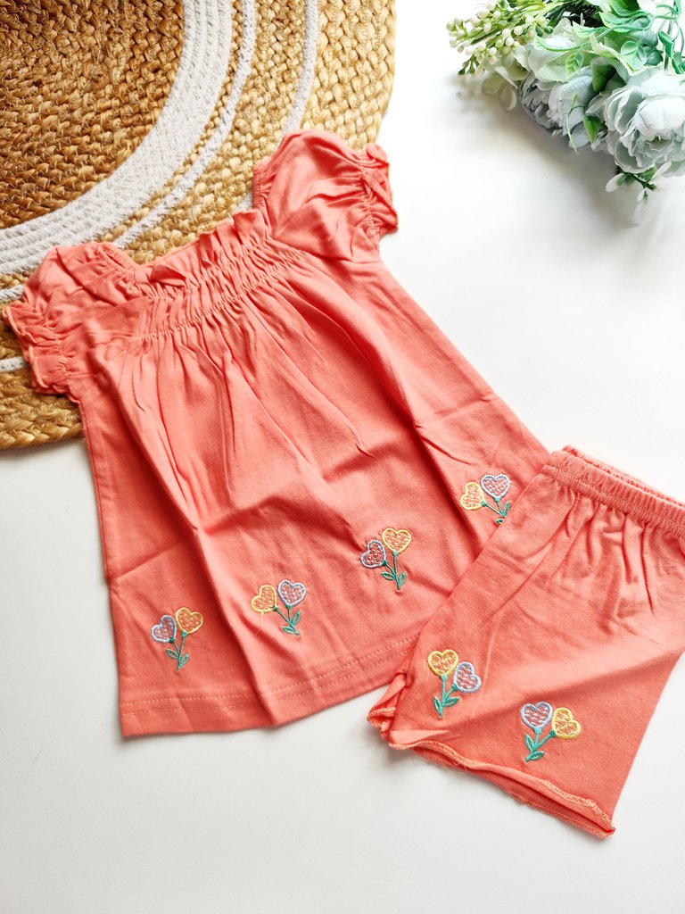 Top and bottom sets- Peach with Embroidered Hearts