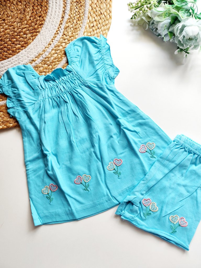 Top and bottom sets- Aqua Blue with Embroidered Heart Flowers