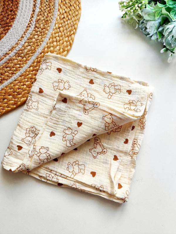 Crinkled Muslin Swaddle/Towel- Cream Teddy Bear & Hearts Print