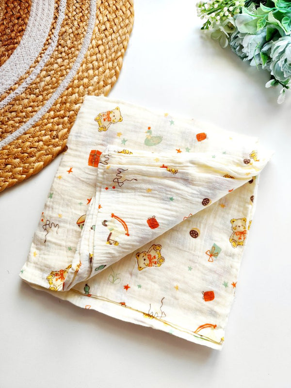Crinkled Muslin Swaddle/Towel- Playful Teddy Bear & Friends