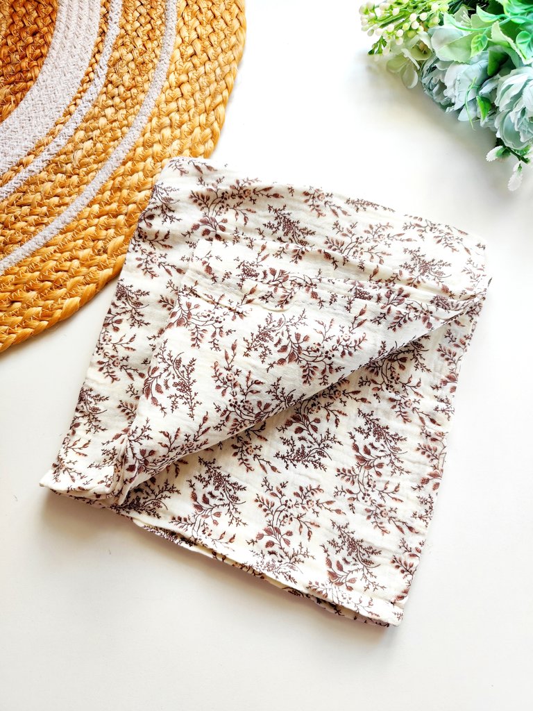 Crinkled Muslin Swaddle/Towel- Brown Botanical Print