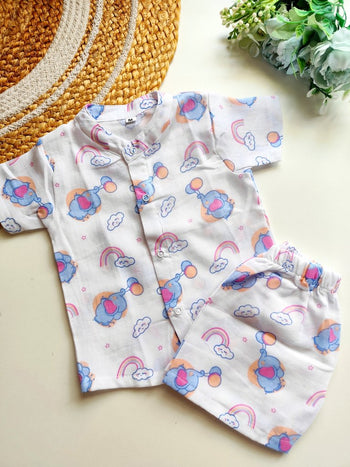 Muslin Mandarin Collared Co Ord- Flying Elephant Rainbow