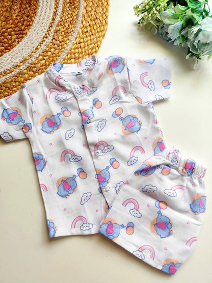 Muslin Mandarin Collared Co Ord- Flying Elephant Rainbow