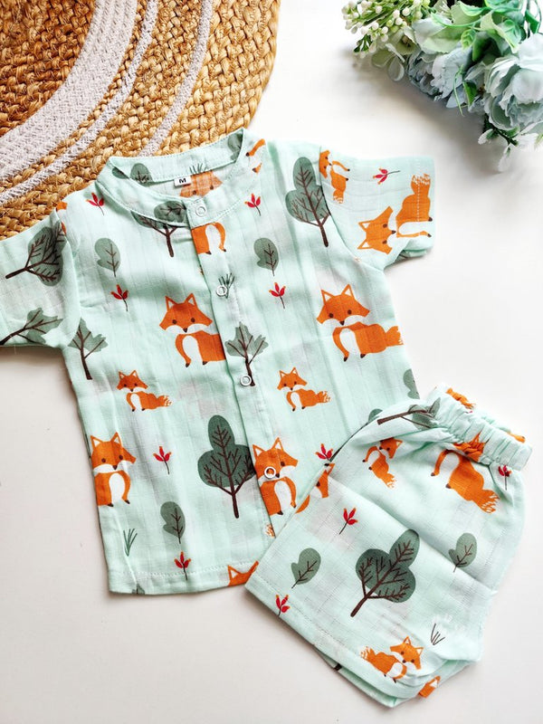 Muslin Mandarin Co ords- Mint Woodland Fox