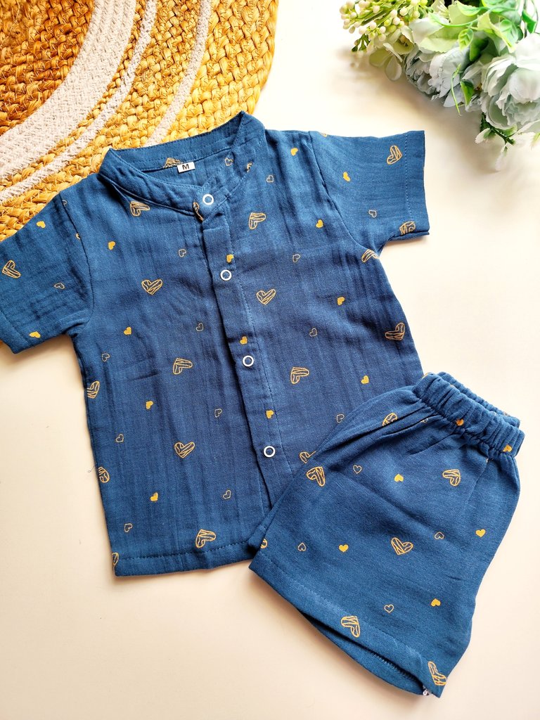Muslin Mandarin Collared Co Ord- Teal Blue Heart Print