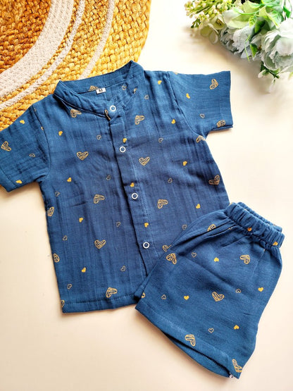 Muslin Mandarin Collared Co Ord- Teal Blue Heart Print