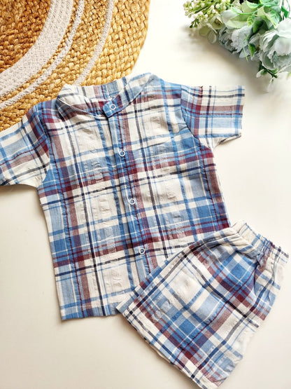 Cotton Mandarin Collared Co Ord- Blue & Maroon Plaid