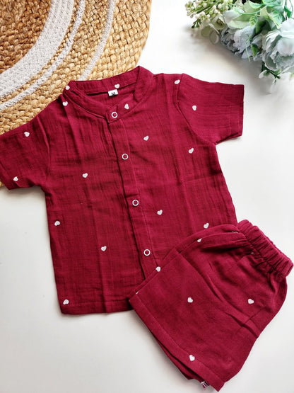 Muslin Mandarin Collared Co Ord- Maroon Hearts
