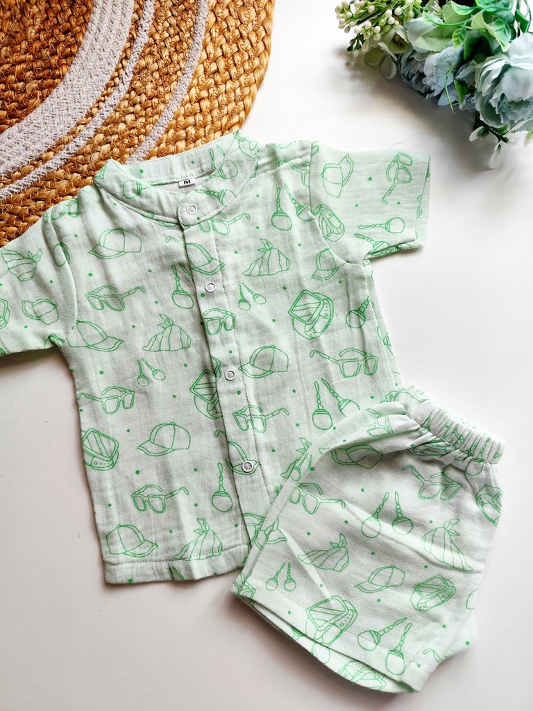 Muslin Mandarin Collared Co Ord- Mint Green Accessories Print