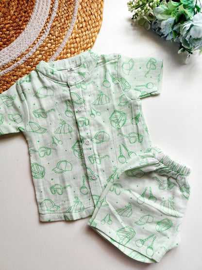 Muslin Mandarin Collared Co Ord- Mint Green Accessories Print