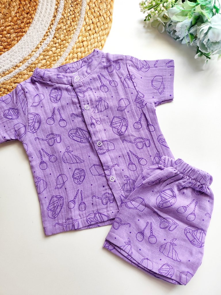 Muslin Mandarin Collared Co Ord- Lavender Accessories Print