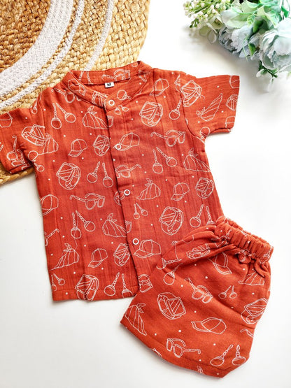 Muslin Mandarin Collared Co Ord- Rust Accessories Print