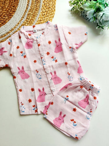 Muslin Mandarin Co ords- Pink Bunny