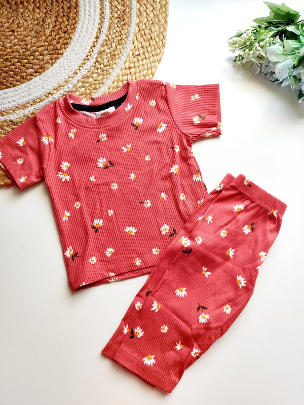 Half Sleeve Co Ord Sets- Coral Daisy Print