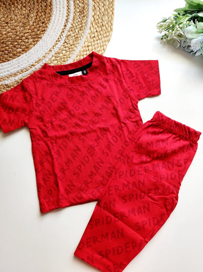 Half Sleeve Co Ord Sets- Red Spiderman Typography Print