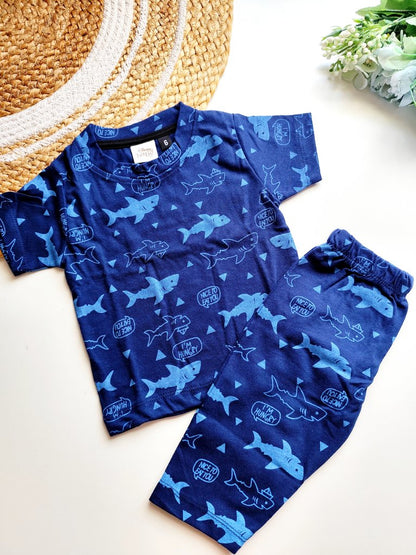 Half Sleeve Co Ord Sets- Blue Shark Print