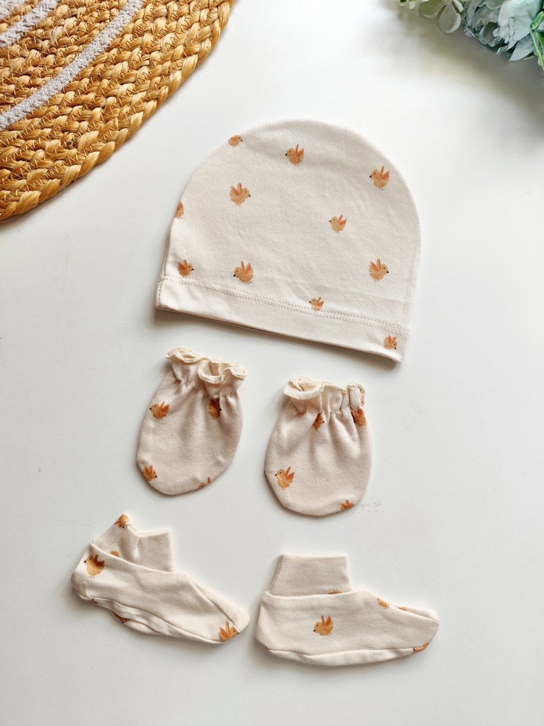 Cap Mittens Booties Set- Little Bird Print