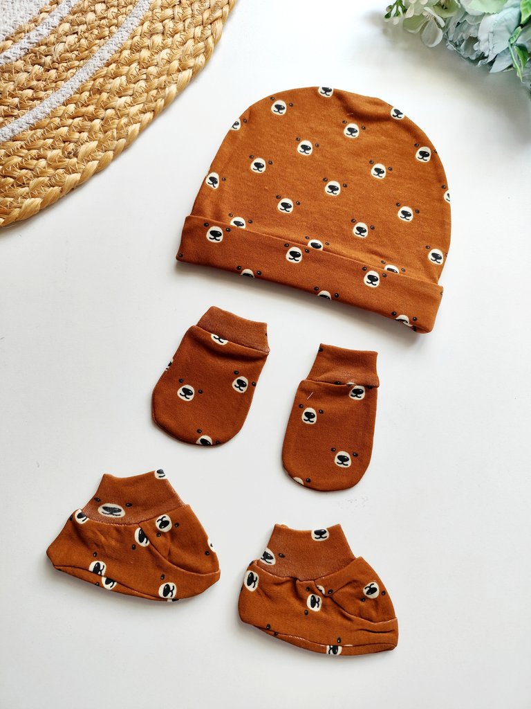 Cap Mittens Booties Set- Rust Brown Bear Print