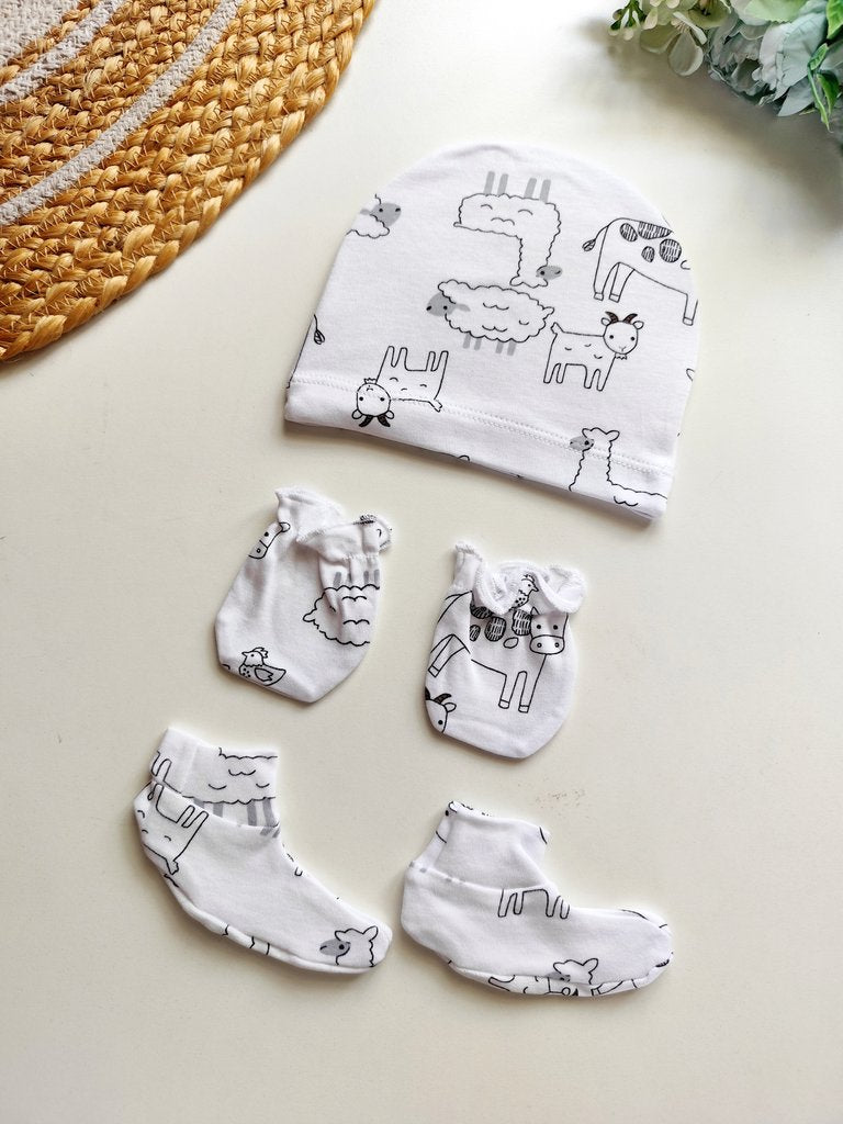 Cap Mittens Booties Set- Farm Animals Print