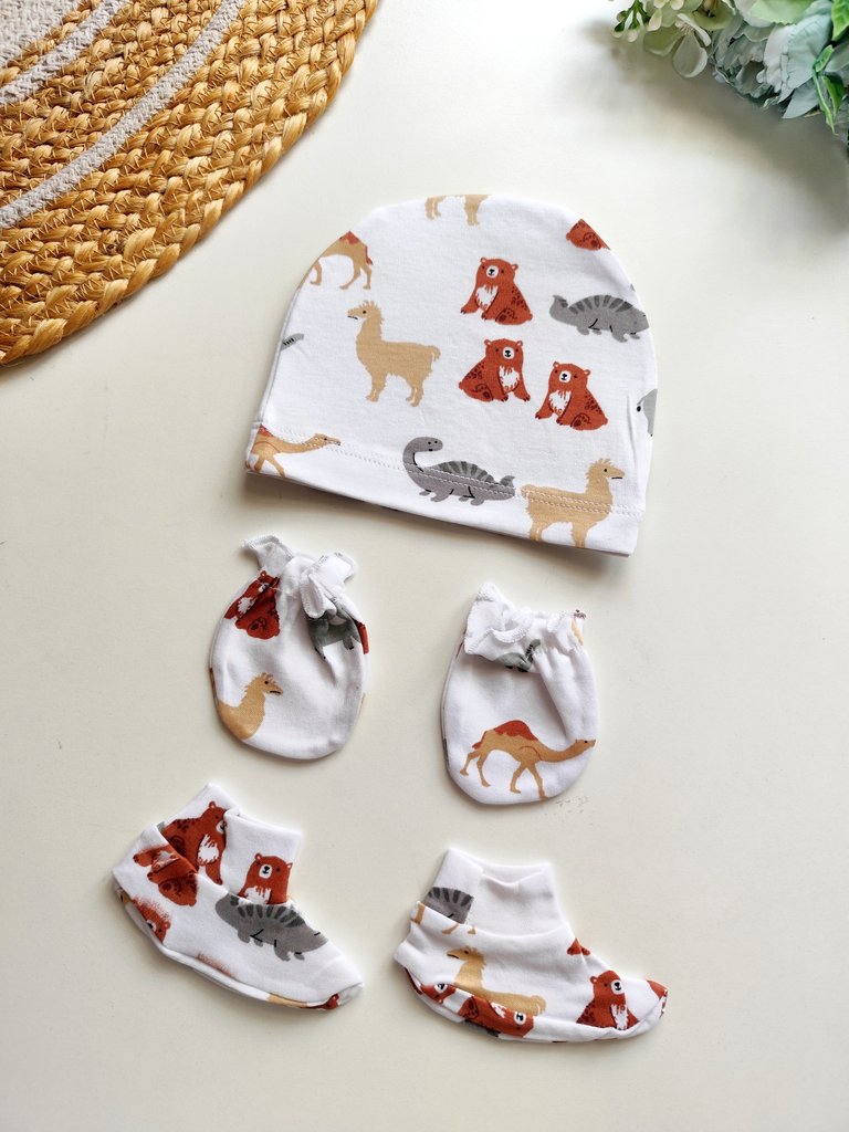 Cap Mittens Booties Set- White Animal Print