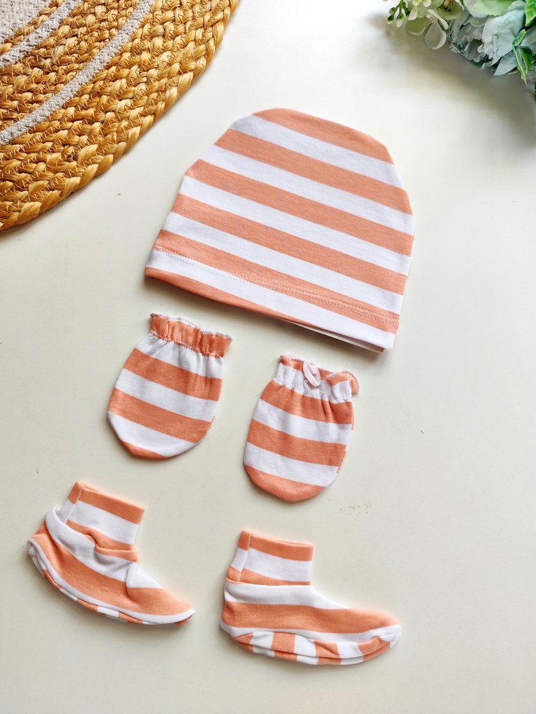 Cap Mittens Booties Set- Peach Striped