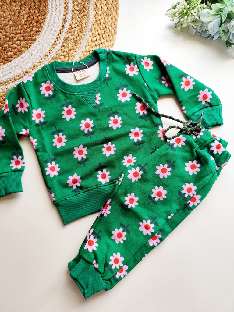 Sweat Shirts Co ords- Green Floral Print