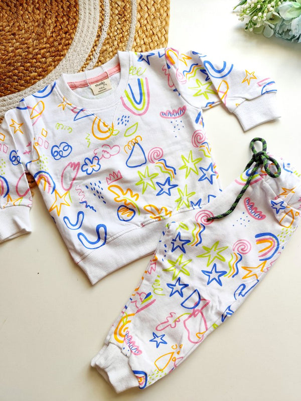 Sweat Shirts Co ords- White Multicolor Doodle Print