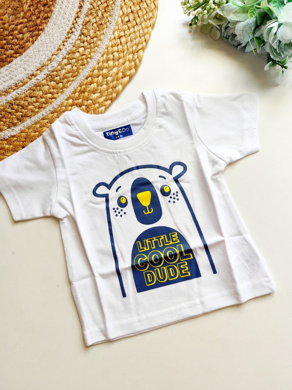 T shirt- White Little Cool Dude Bear Print