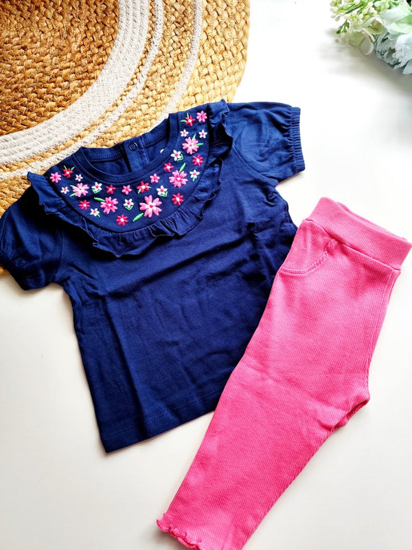 Co ords - Navy Blue Floral Embroidery and Pink