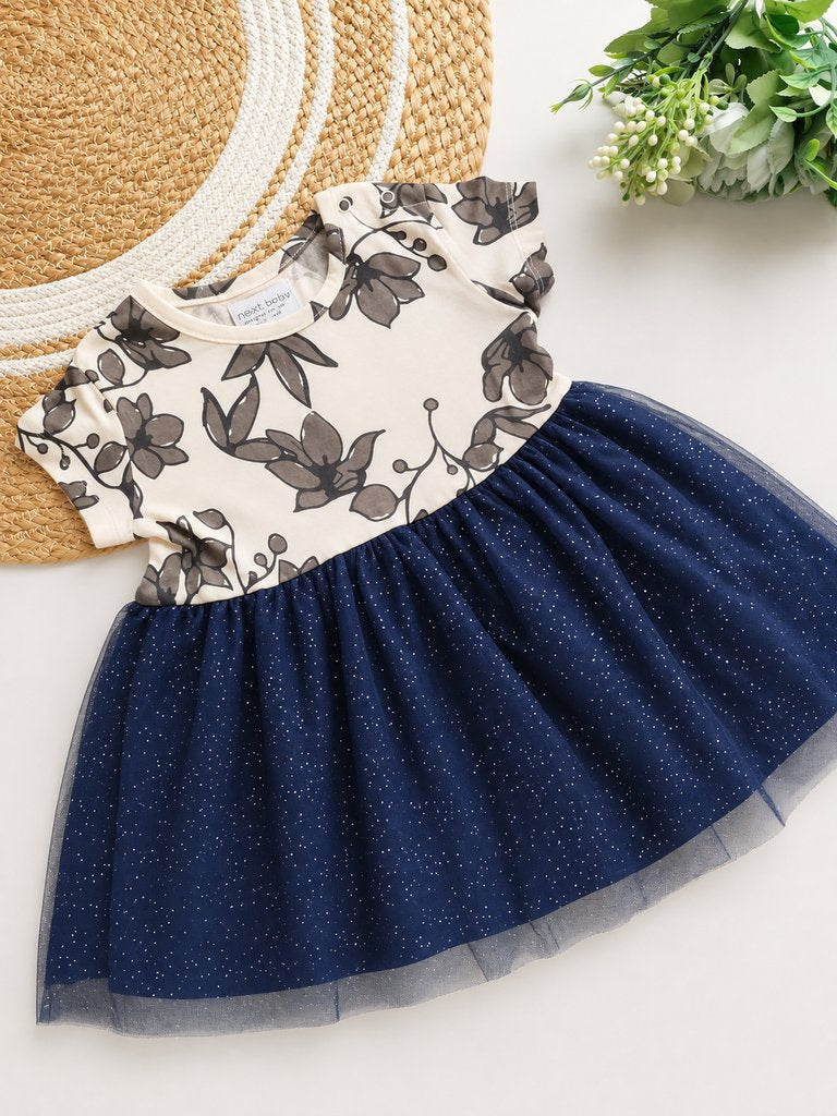 Frocks - Floral Print with Navy Blue Shimmer Tulle
