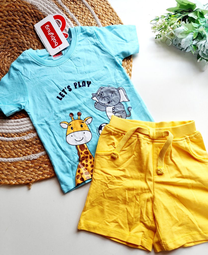 T shirt Sets- Sky Blue and Yellow Animal Print