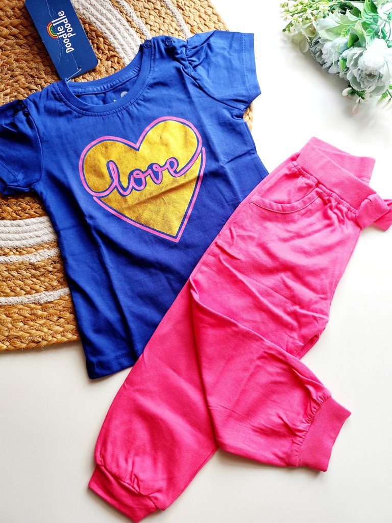 Top and Bottom Sets- Blue Heart Graphic and Pink
