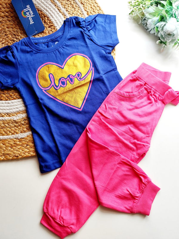 Top and Bottom Sets- Blue Heart Graphic and Pink