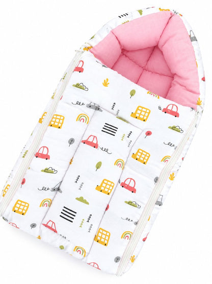 Baby Carry Bed - Pink & White Cartoon Car Print