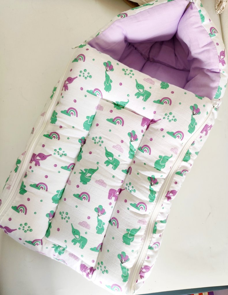 Baby Carry Bed - Purple & Green Elephant Print