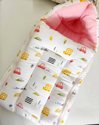 Baby Carry Bed - Pink & White Cartoon Car Print